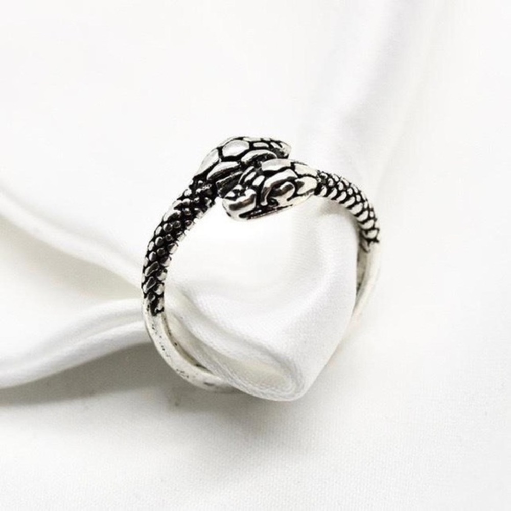 Silver Snake Ring – Etched Twin Serpent Design, Adjustable Reptile Jewelry
